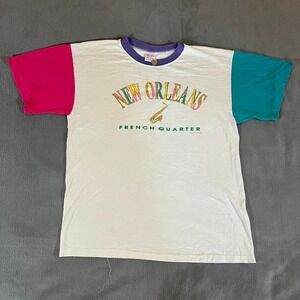 Vintage 90s New Orleans French Quarter Multicolor Ringer T-Shirt  Size‎ L Cotton